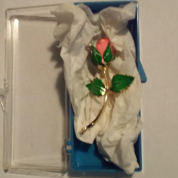 Rose Brooch Pin Gold Pink Green In Original Box New 3" Long 1 3/4" Wide - Picture 3 of 5